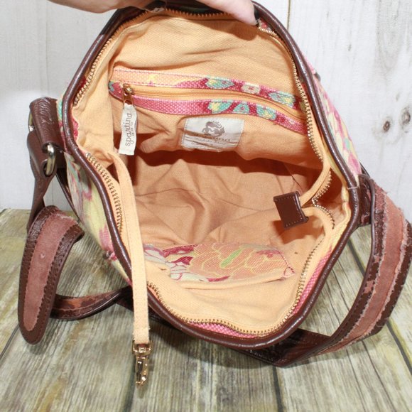 Spartina Pink Floral Canvas Brown Leather Trim Lined Shoulder Bag Size OS - Picture 11 of 12